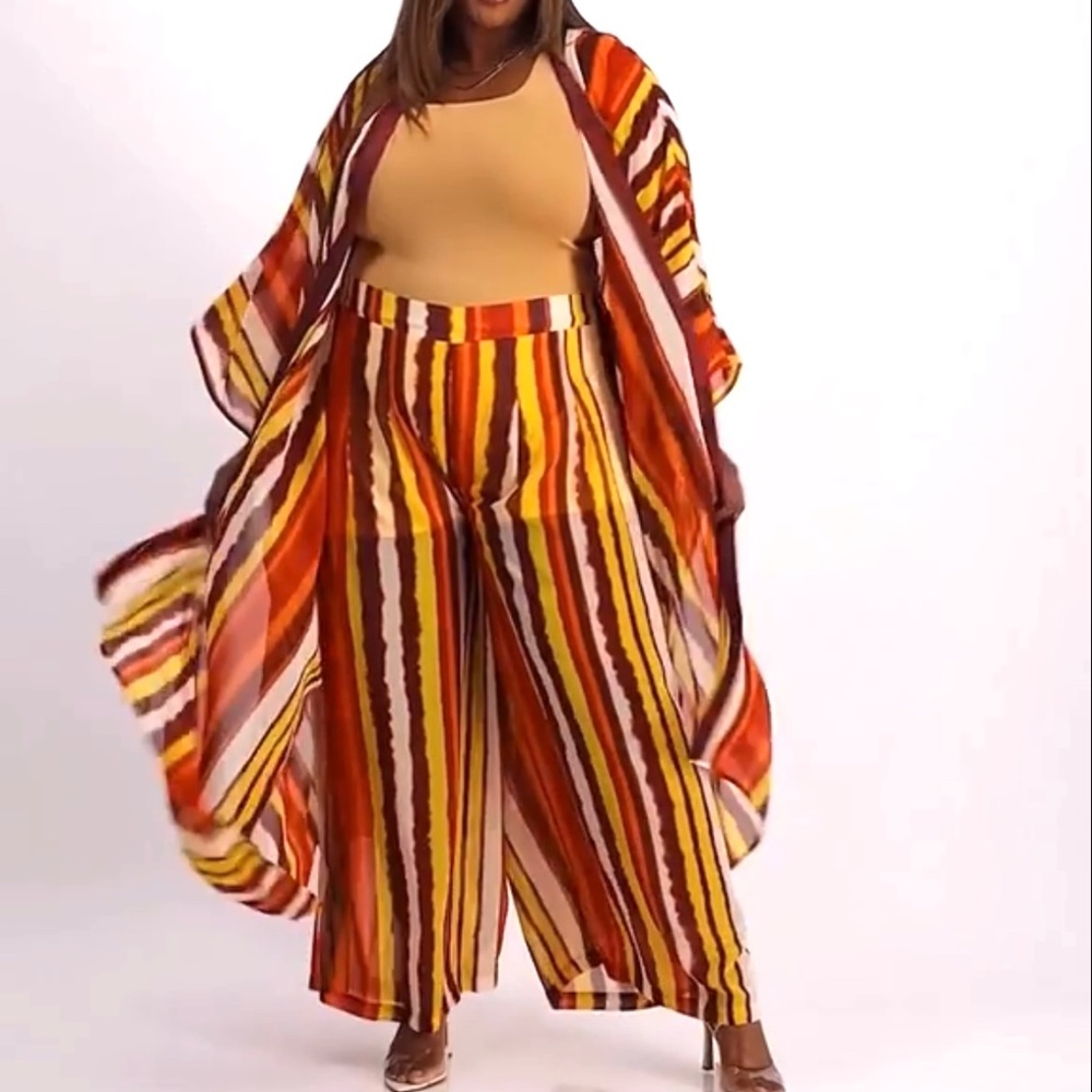 Nina Parker 2 Piece Set 1X/2X 70s Chiffon Duster Wide Leg Pants Rare Striped